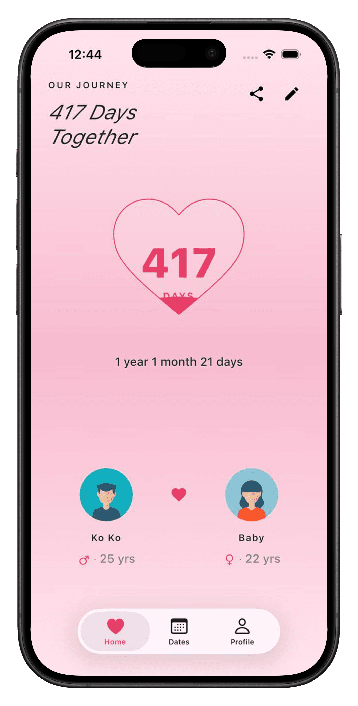P&K mobile app showing days together counter